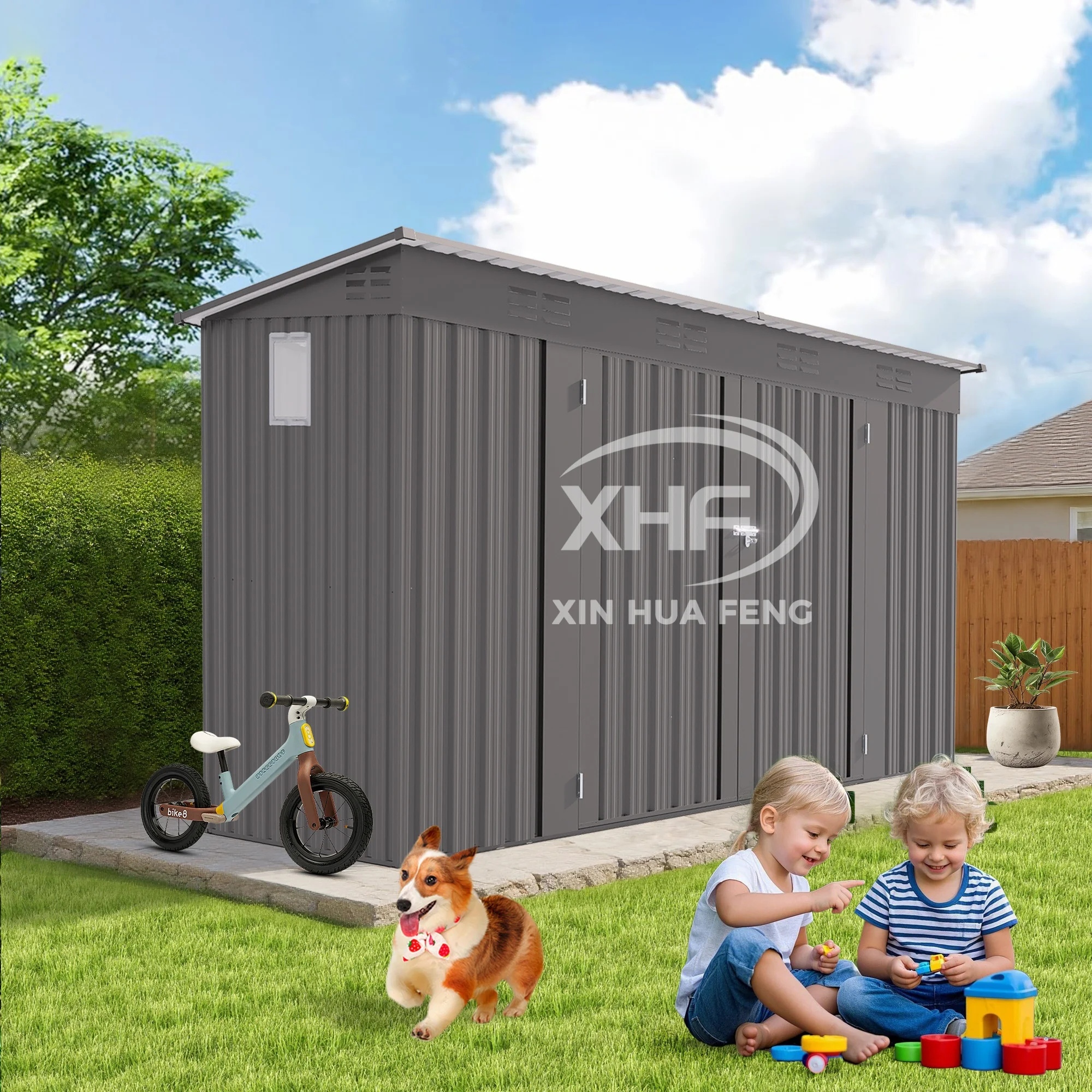 9X4FT Gray Metal Garden Shed For Tools Sloping Roof 6 Vents 2 Swing Doors Steel Frame For Backyard Patio Lawn