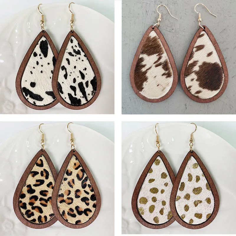 Europe and The United States Leopard Print Horsehair Cowhide Earrings Bohemian Cow Pattern Water Drop Wood Quality Jewelry Gifts