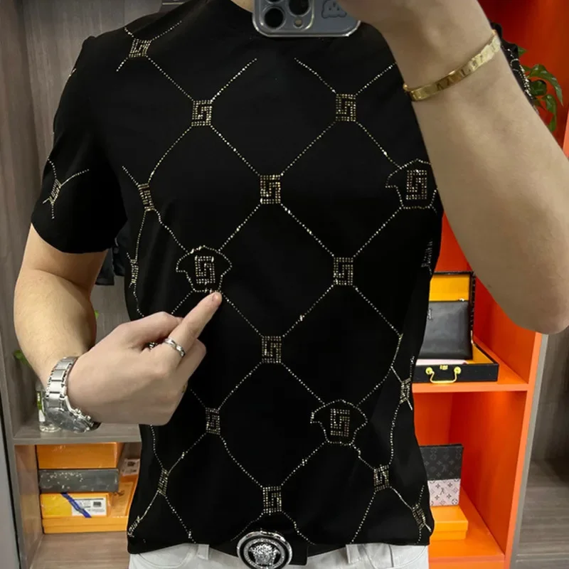 Summer Hot Drill Geometric Patterns Short Sleeve Tshirt Men Brand Leisure Top Tshirt For Men Social Club Outfits Tee Shirt Homme