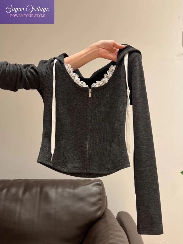 

Korean Lace Trim Hooded Zipper Cardigan Women Long Sleeve Slim Fit Top Casual Cute Aesthetic Streetwear Fashion Spring Autumn