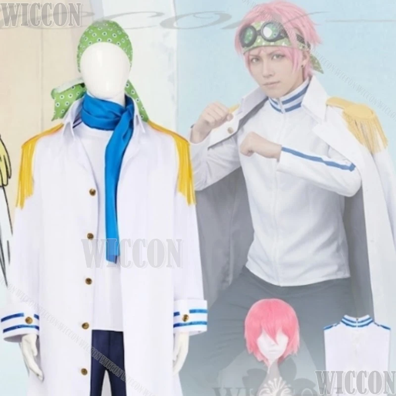 Disfraz de Coby, Estilo Punk, Chaqueta Blanca Estilo Marinero, Pañuelo Verde, Pañuelo Azul, Peluca Rosa, para Halloween, Navidad, Comic Con, Festivales