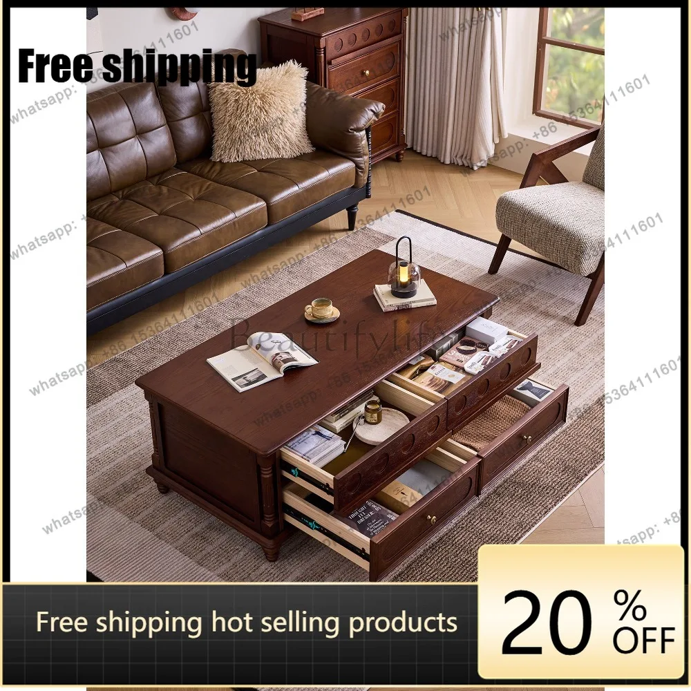 LD French antique solid wood coffee table retro living room storage with drawer storage tea table