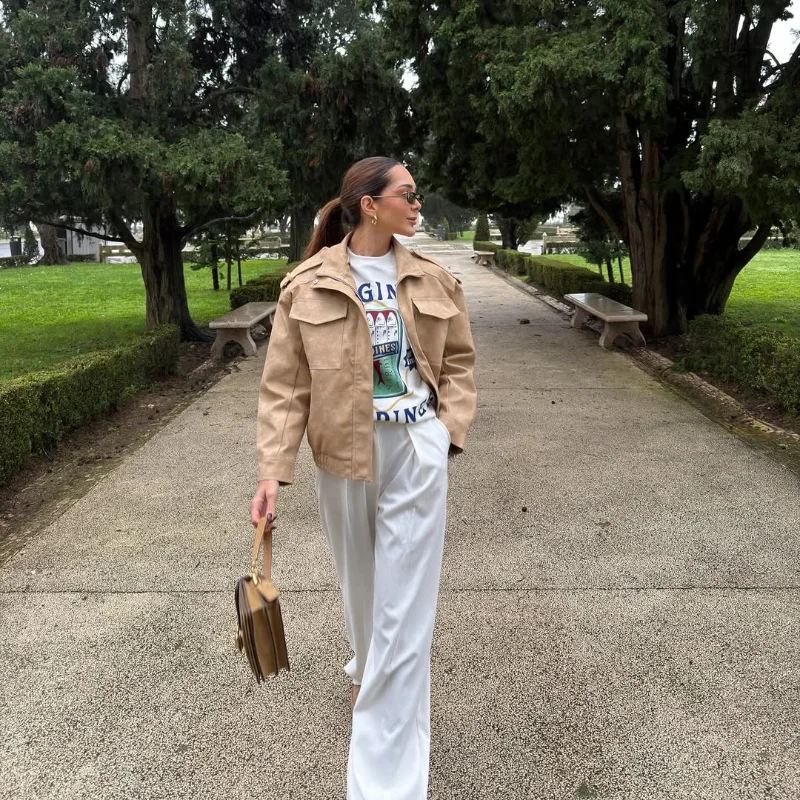 

Женская повседневная укороченная куртка цвета хаки с воротником-стойкой, шикарная, с длинными рукавами, на одной пуговице, свободного кроя, весна 2026, для повседневной носки