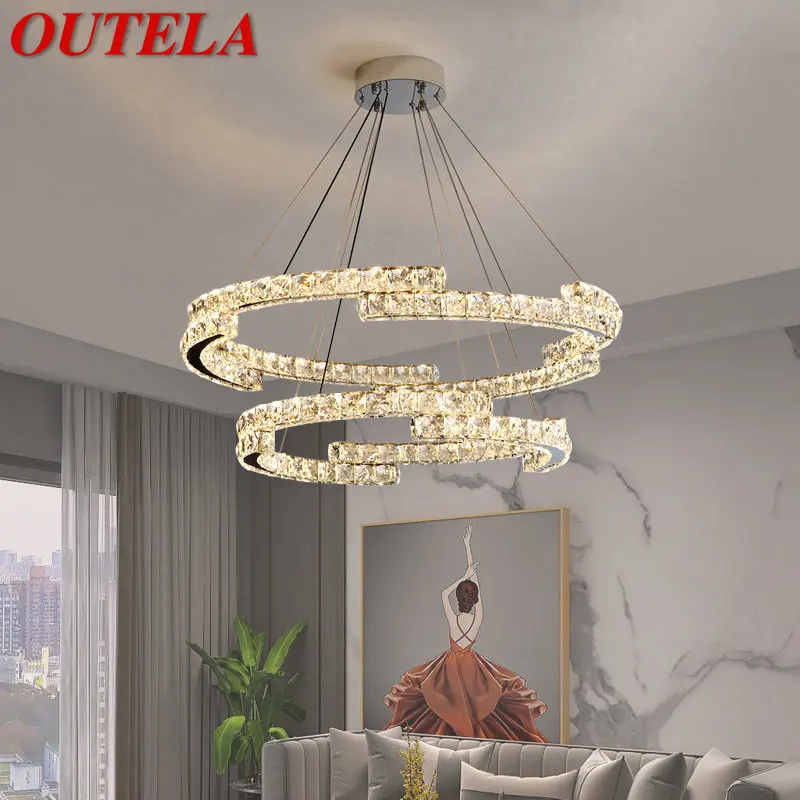 

OUTELA Modern Crystal Pendant Lamp Round Rings LED Creative Fixtures Chandelier Decor For Hotel Living Dining Room Ligh