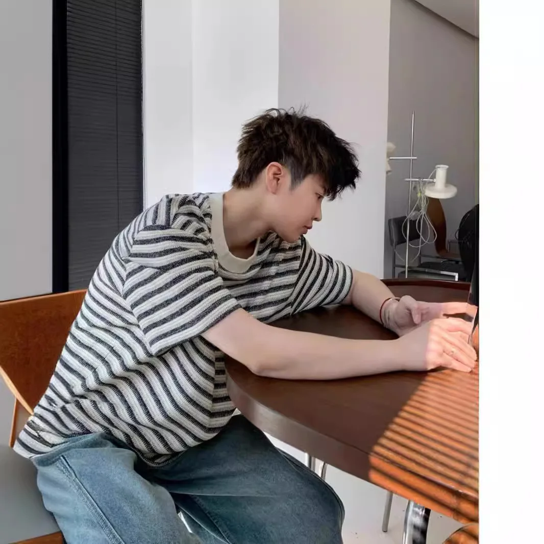 

Striped T-shirt Men's 2025 New Color Matching Half-sleeve T-shirt Summer Cotton Short-sleeved Versatile Crew Neck Top