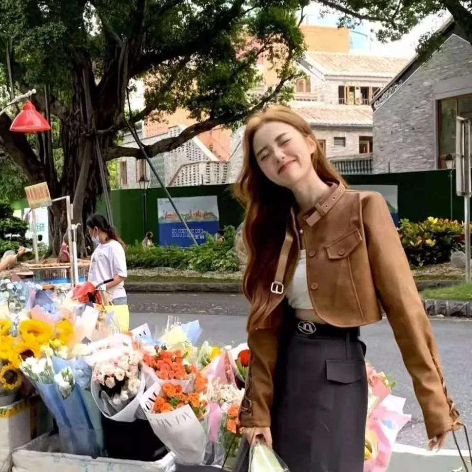 Brown Motorcycle Jaet Women's ort Sle Hong Kong Faion Retro Spring Autumn New Ins Small Size PU Leather Coat Top