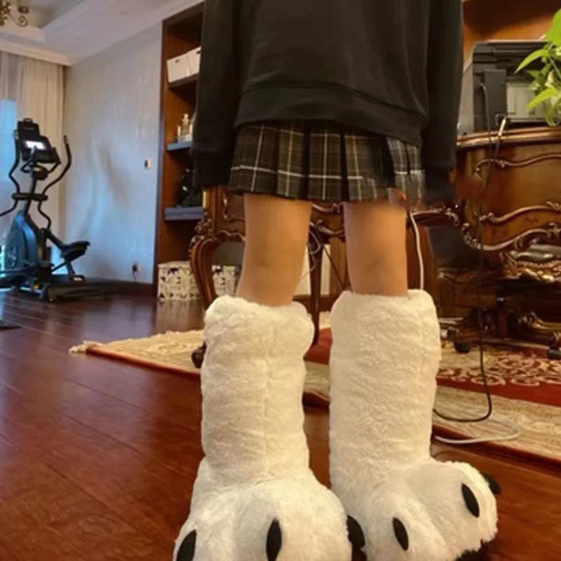 Creative Cute Bear Claw Winter Slippers Boys Girls Home Slippers Furry Warm Couple Indoor Shoes Women Cotton Boots Fur Slides