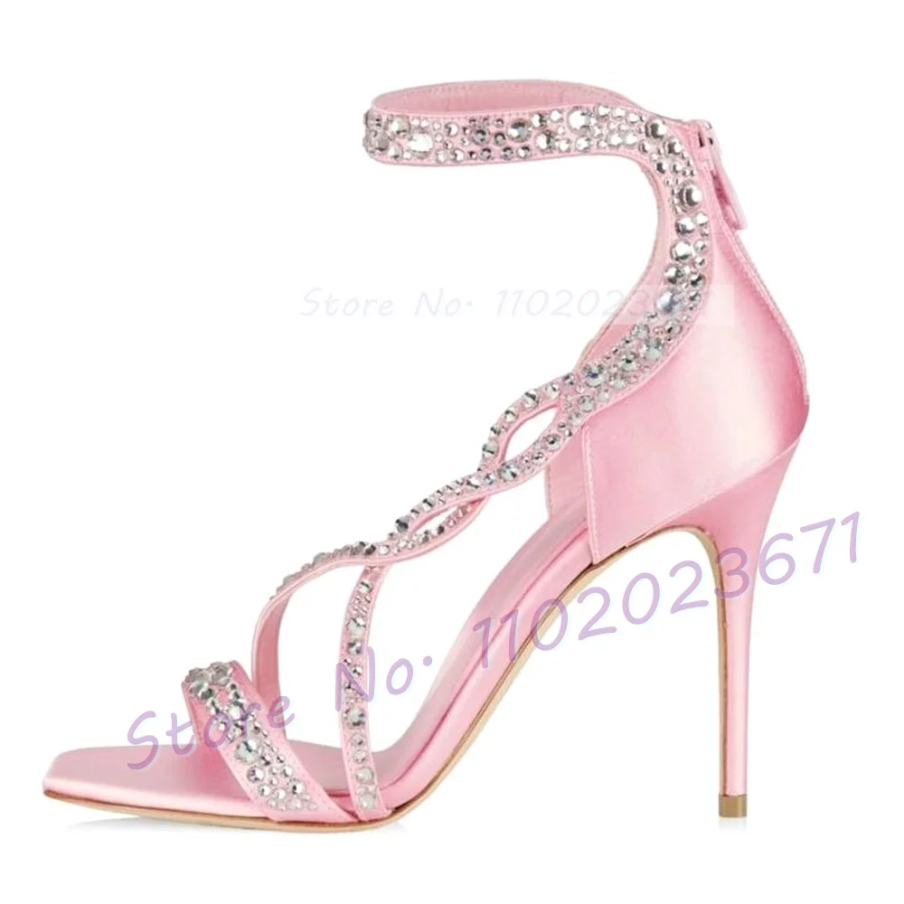 Crystal Double Cross Strap Sandals Women Sweet Square Toe Pink High Heels Satin Shoes Summer Back-zip Bling Luxury Party Sandals