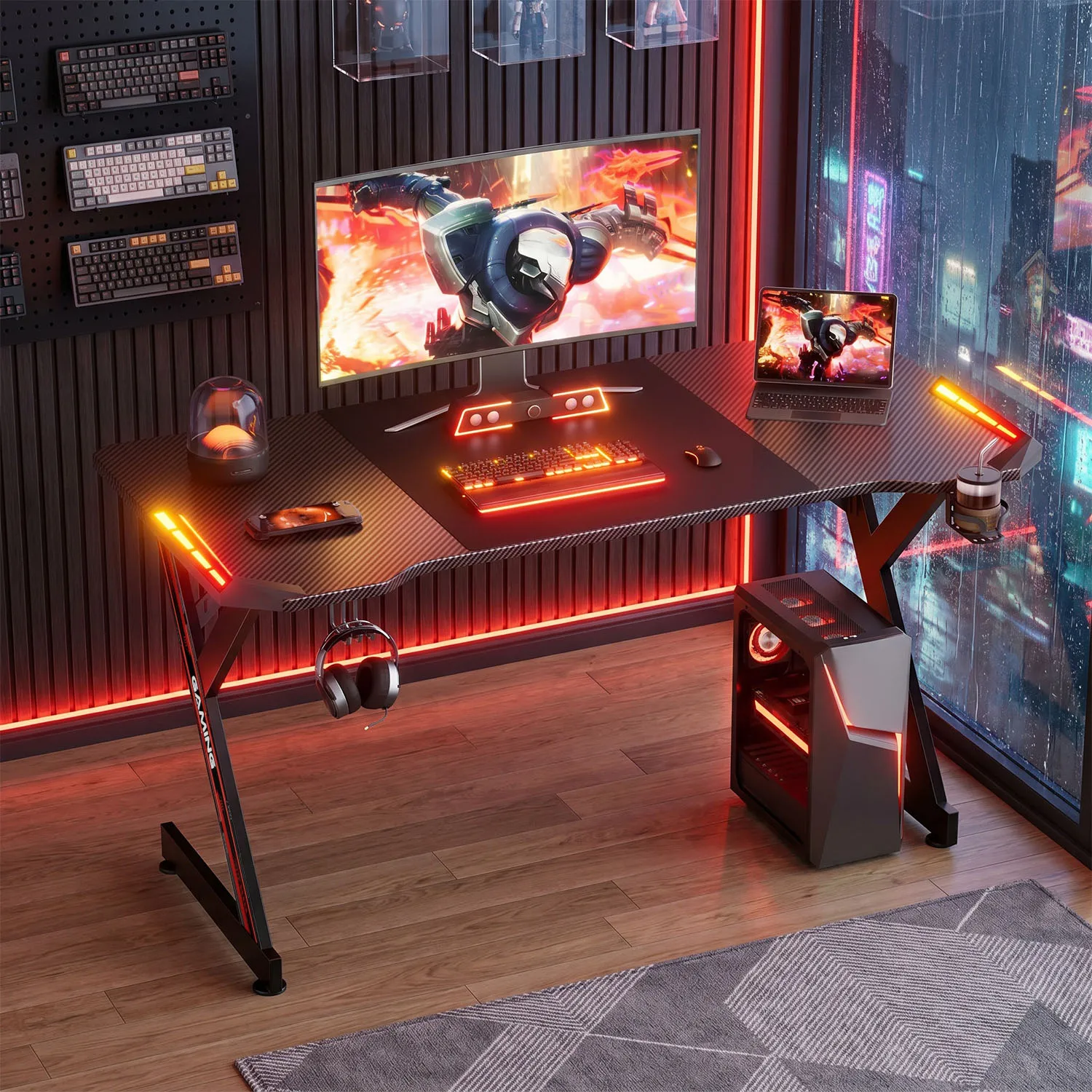 Bureau de jeu avec éclairage LED RGB, table de jeu en fibre de carbone, bureau d'ordinateur de jeu en forme de Y avec porte-gobelet et crochet pour casque, pieds réglables pour bureau à domicile ou salle de jeu.