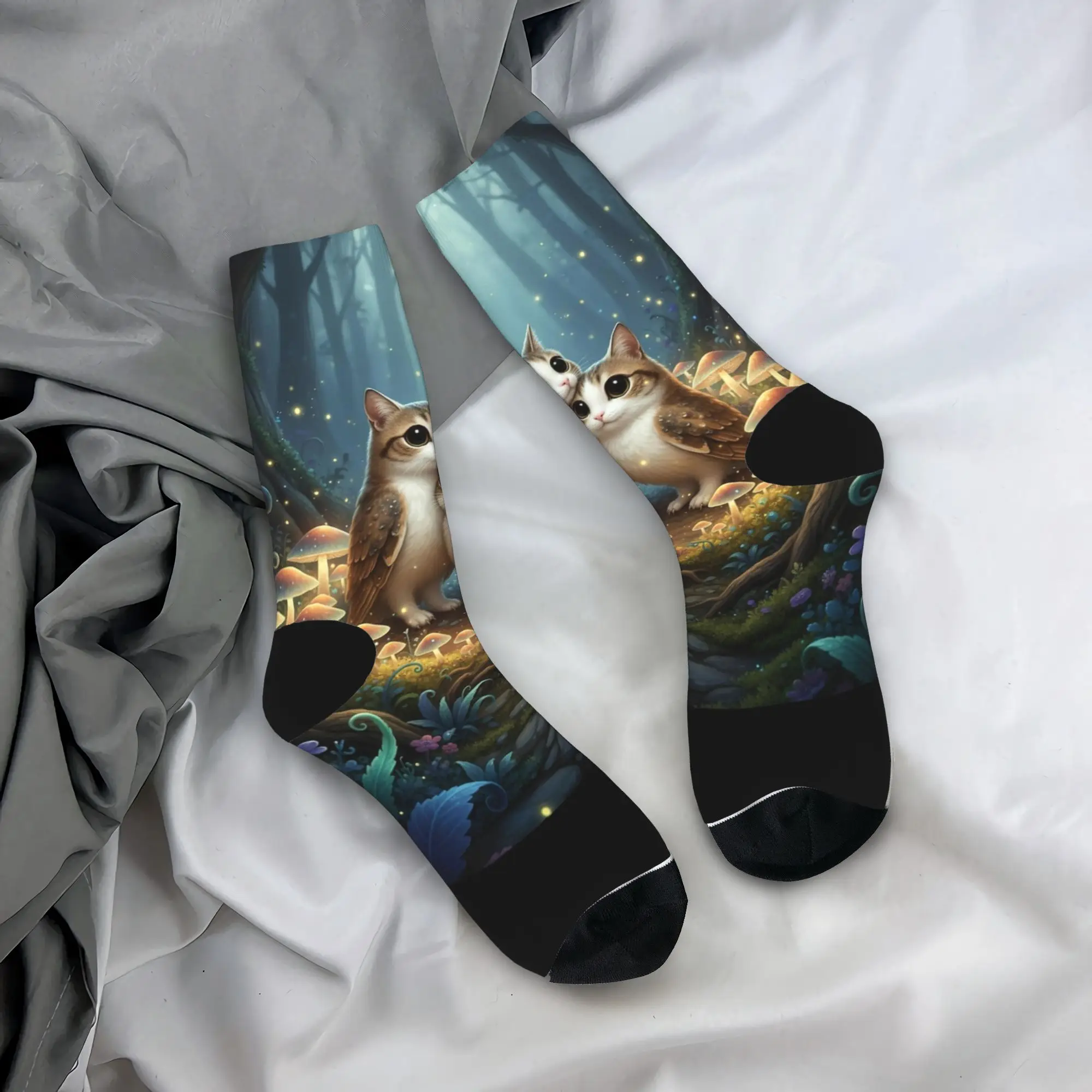 Two Meowls in Glowing Mushroom Ring Stockings Men's Socks Breathable Funny Socks Autumn Running Sports Non-Slip Design Socks