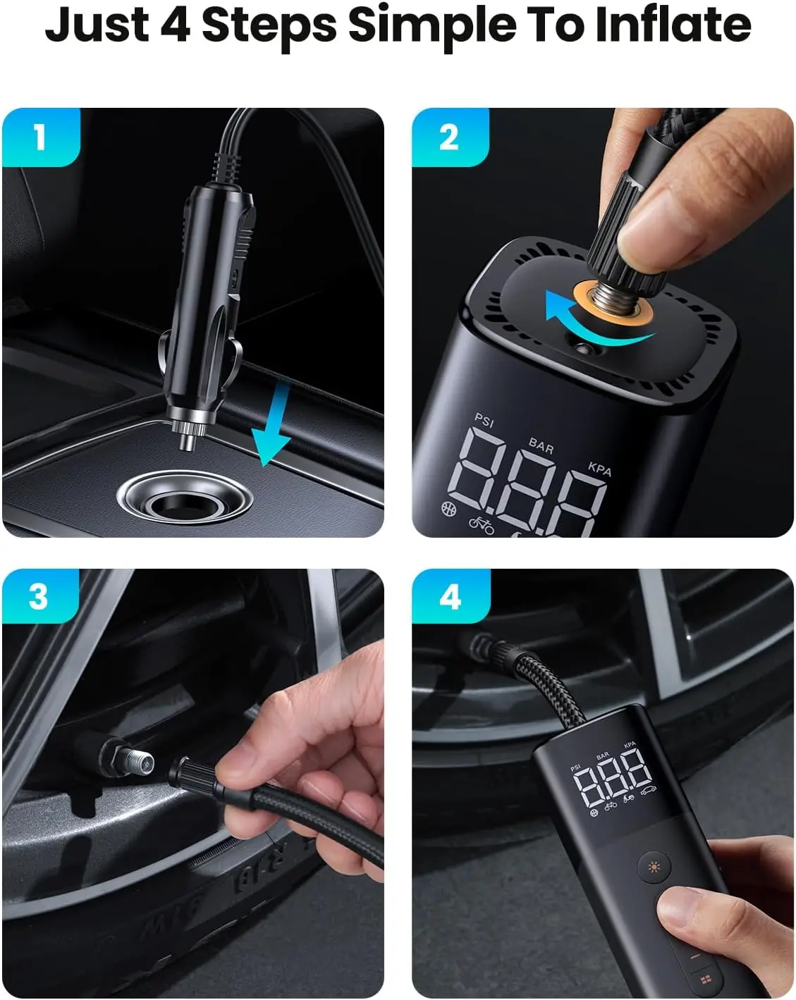 유그린 타이어 인플레이터 디지털 자동차 타이어 펌프 150 PSI 12V 타이어 인플레이터 압력 감지 LED 라이트 휴대용 에어 펌프