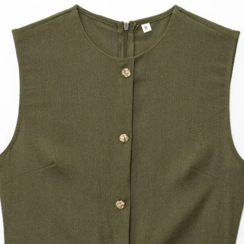 Flax Fashion French Belt Long Dress Summer Elegant Vest Dress Women Lady Sleeveless Streetwear Navy Green Slim Fit Dresses