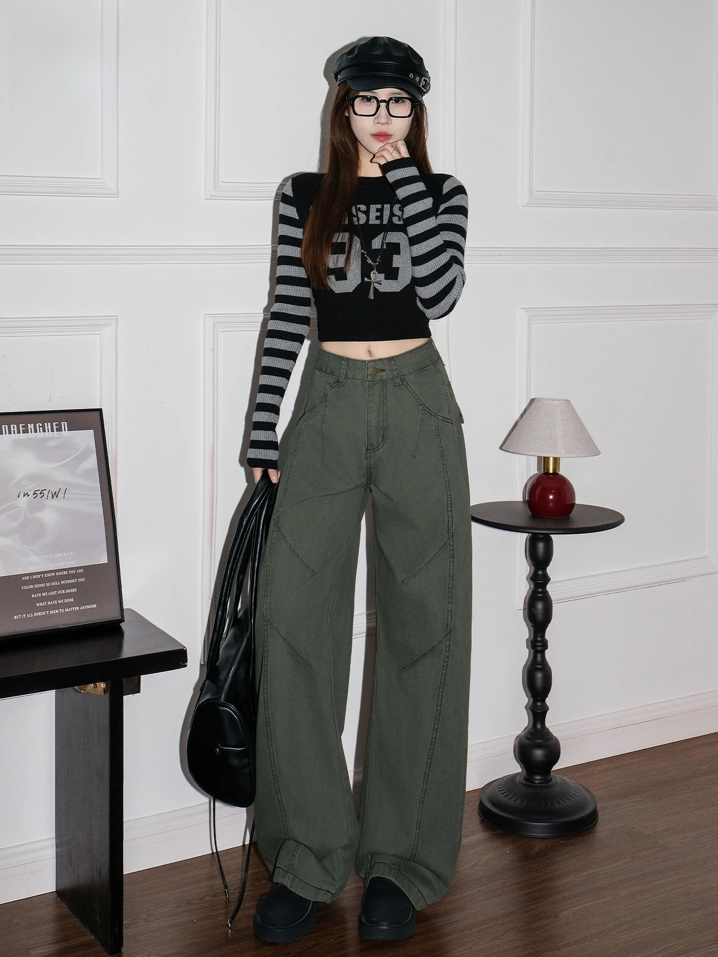 

American Style High Waist Wide Leg Denim Pants Women's Military Green Loose Drapey Workwear Summer New Arrival Casual Jeans