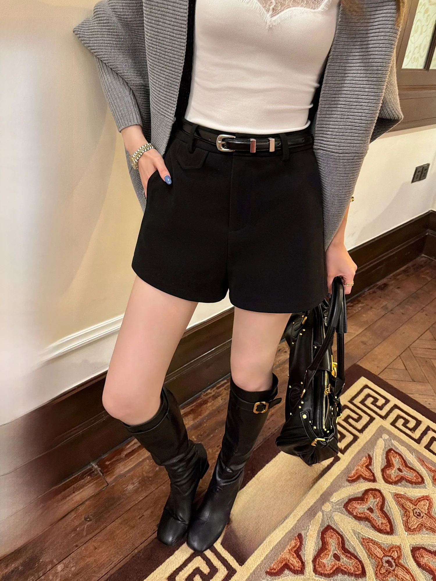 Pusumede Classic Simple Woolen Straight Leg Casual Pants Women's High Waist Polyester Fiber A-Line Wide Leg Shorts