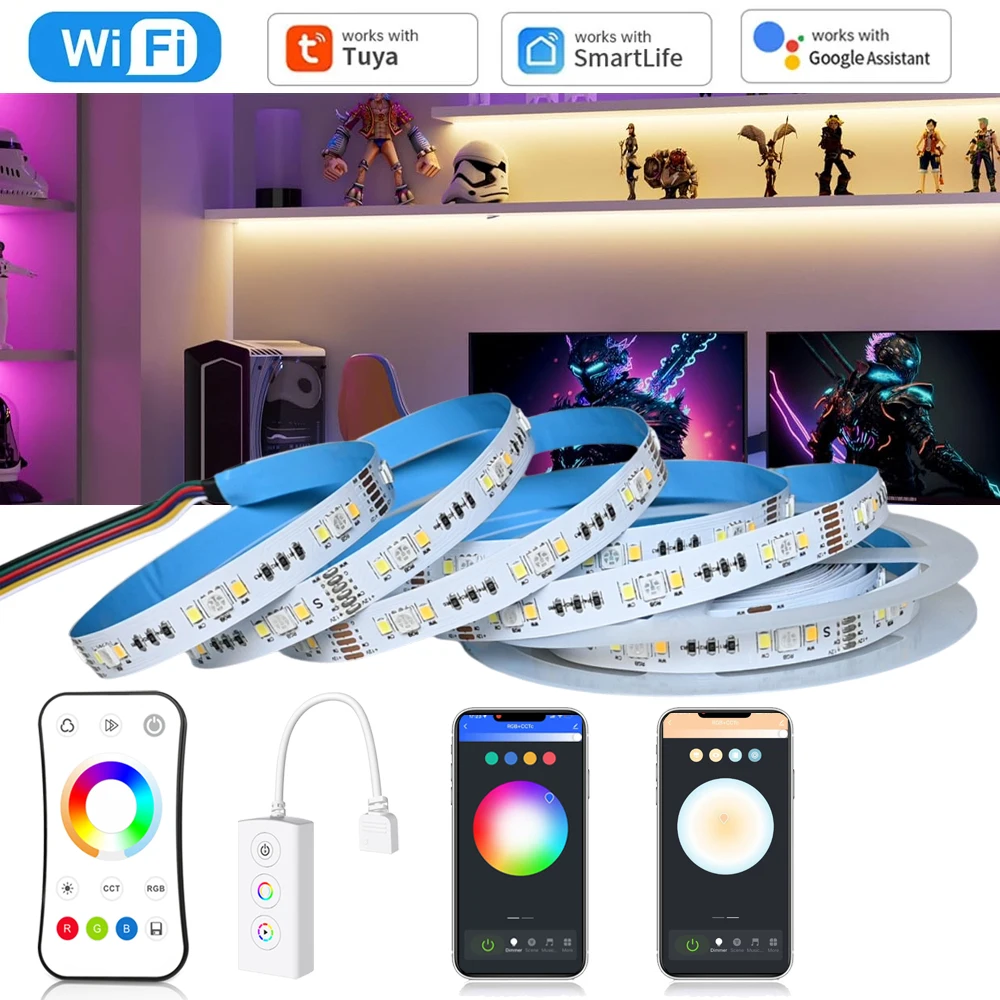

Светодиодная лента Tuya WiFi 5050 RGB+CCT 12В, 1м, 2м, 3м, 4м, 5м, гибкая, с регулировкой яркости, для освещения шкафов, спален, декора, совместима с Alexa и Google Assistant