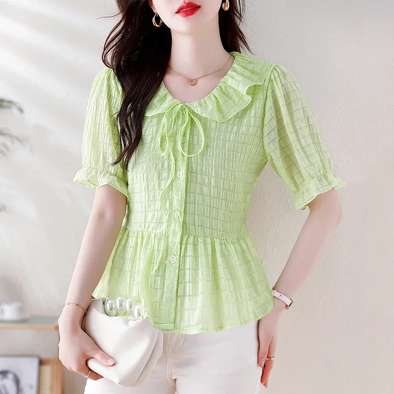 

New Casual Summer Short Sleeve Ruffled Women Shirt Lace-up Chiffon Shirt Blouse Women Tops Blusas Mujer De Moda 2024 Verano A537