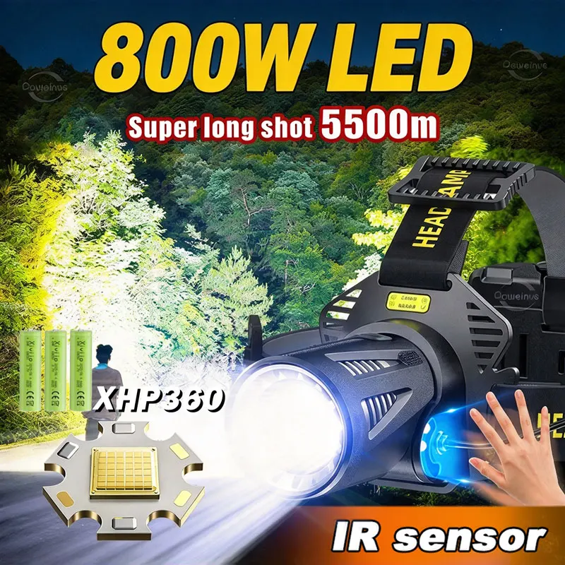 最強のxhp360-ledヘッドランプ-irセンサーヘッドライト-強光-充電式ヘッド懐中電灯-タクティカルヘッドトーチ-釣り-作業用