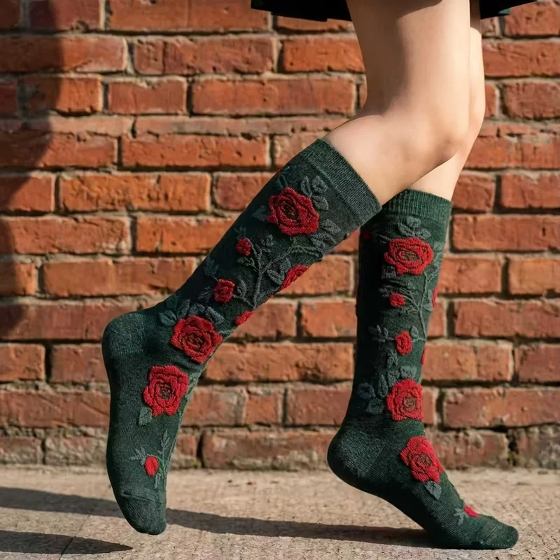 3 Pairs Pack Dark Rose Women Stockings Mori Style Retro Color Block Embossed Calf Socks Slimming Lazy Style Pile Dress