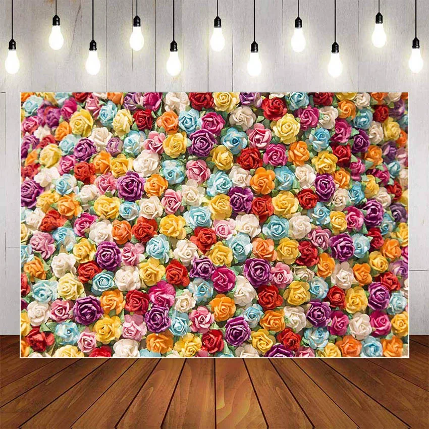 7x5ft Colorful Rose Floral Blossom Wall Wedding Love Custom Washable Wrinkle Free Photo Background Backdrop Polyester Polycotton