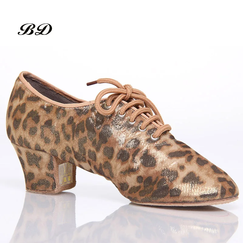 Latin Dance Shoes Women Genuine BD t1-b Import Satin Lace-up Sports Teacher Shoe Leopar Heel 4.5cm Male Female Generic BDDANCE