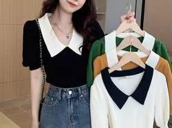 Spring/Summer New Color Contrast Splicing Turn-down Collar Slim Fit Short Sleeve Knitted T-shirt For Women,8 Colors