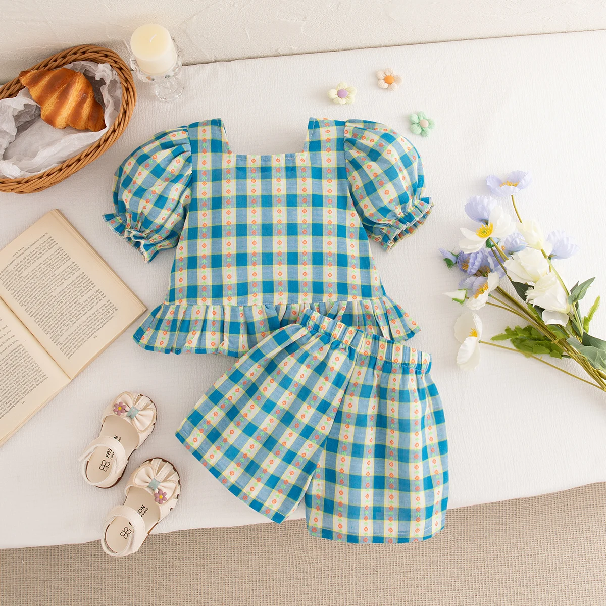 2pc/Set Baby Girl Set Summer Plaid Striped Bubble Sleeve Square Neck Baby Outfit Set Cute Casual Children's Clothing