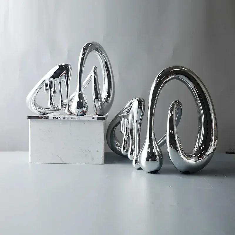 Creative Abstract Water Drop Shapes Silver Craft Abstract Hollow Fluid Ornament Decorative Figurines Home Decoration Accessories
