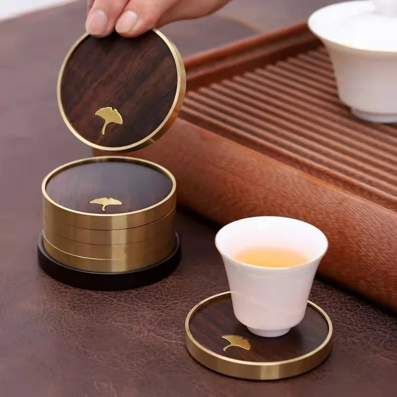 Rosewood Coasters Set Ebony Wood Round Mat Heat Resistant Drink Coffee Cup Office Home Kitchen Table Pad with Copper Non-slip