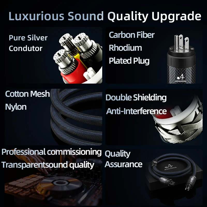 ATAUDIO Sterling Silver HiFi AU/US/EU High Purity Power Cord Speaker Amplifier HiFi Audio Cable Connection AC Power Cable