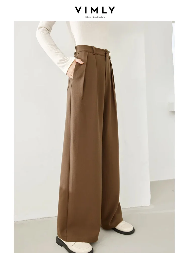 Vimly Coffee Baggy Pants for Women 2023 Winter Elegant Business Wide Leg Dress Pant Solid Straight Loose Casual Trousers M5582