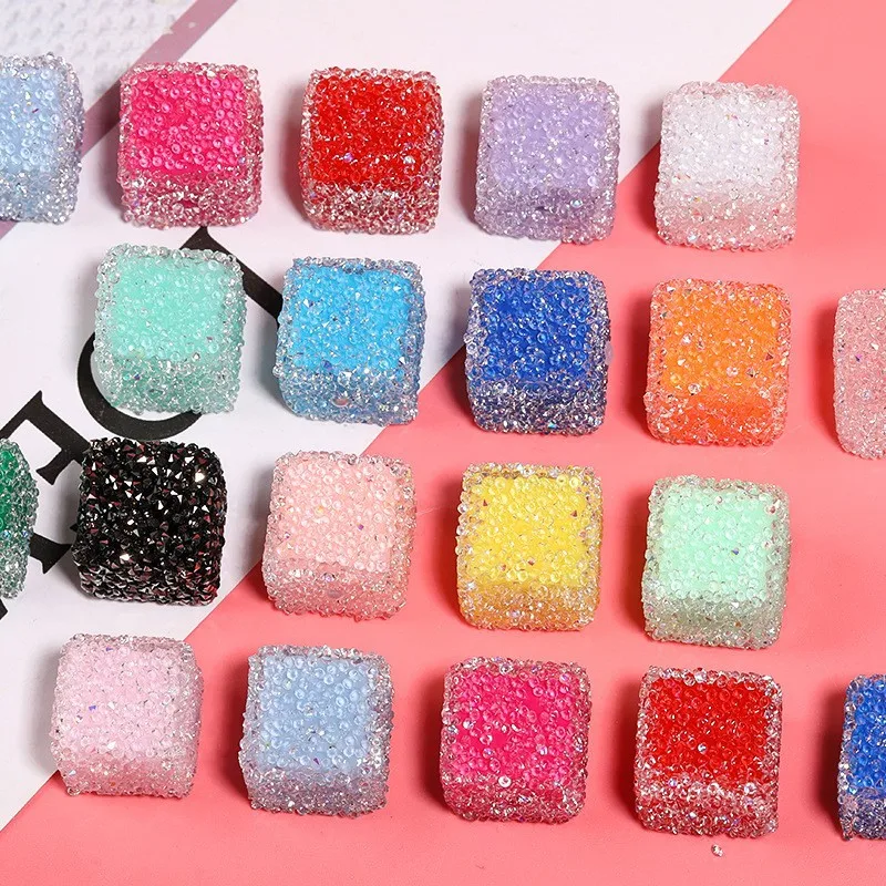 

30Pcs imitation cube sugar style mixed color cube resin beads, with Crystal Rhinestone