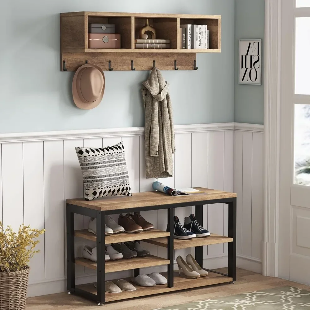 Coat Rack Set, Hall Tree, Industrial Shoe Bench, 3 Storage Cubbies, 7 Hooks for Entryway, Hallway, 5-in-1Design