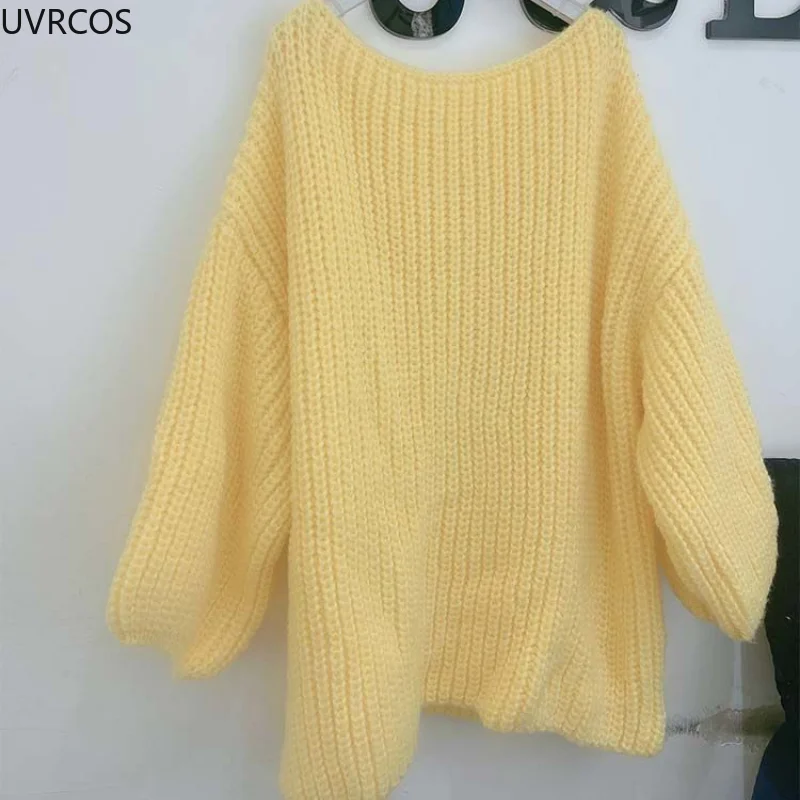 New Loose Knitted Sweater Solid Color Women Autumn Winter Fashion Pullovers Female Casual Mohair Knitwear Coat Long Sleeve Tops