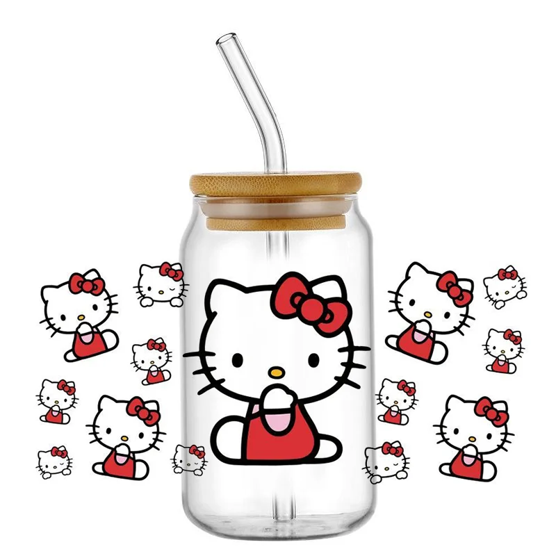 Miniso Kawaii Hello Kitty Cartoon UV DTF Cup Wrap For 16oz Libbey Coffee Glass Can Cup Wrap Easy peel waterproof DIY Wholesale