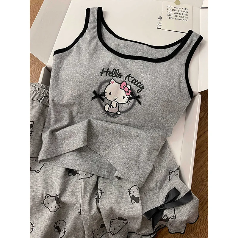 Anime Sanrios Hello Kittys Casual Pajamas Suit Sleeveless Pad Tops Shorts 2 Piece Set Girl Bowknots Gray Sleepwear Women Clothes