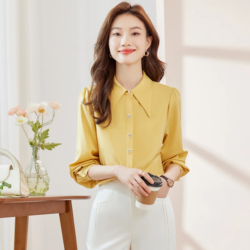 NAVIU Yellow Shirt Women Fashion Temprament New Autumn Professional Formal Long Sleeve Chiffon Blouses Office Ladies Work Tops