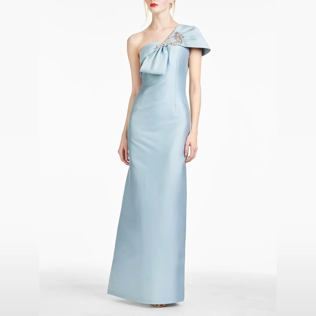 

Satin One-Shoulder Evening Dresses Light Blue Elegant Simple Backless Bodycon Back Slit Cocktail Dress With Luxury Crystal & Bow