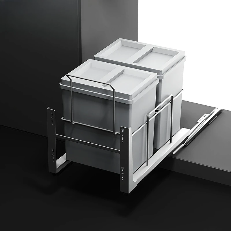 Kitchen embedded trash can cabinet food waste double bucket household with lid pull basket hidden classification cleaning bucket
