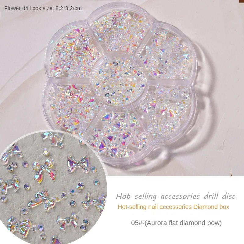 Glänzendes Nagelzubehör, einzigartige Nageldekoration, Diamanten, zufällig glänzende Strasssteine, Perlen, Nagelkunst-Dekoration, Bohrer, 7-Gitter-Mix