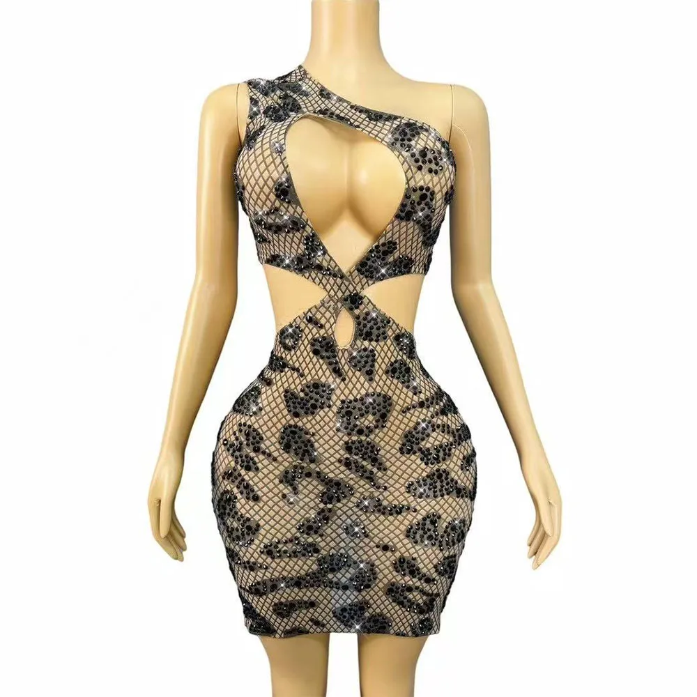 

Sexy Hollow out One shoulder Designed Shining Black Rhinestones Cultivation Mesh Dress Women Birthday Party Show Stage Wear