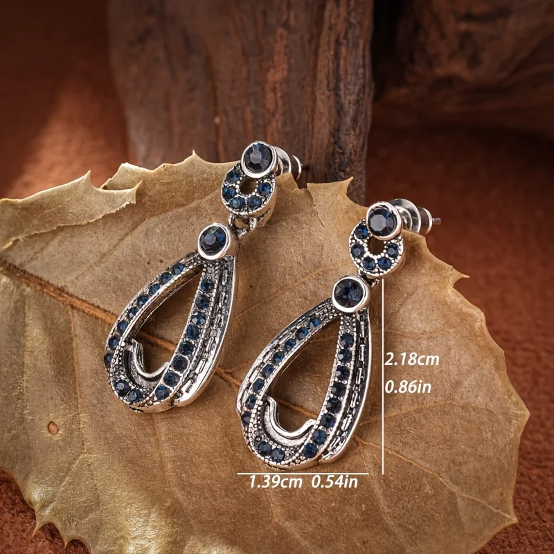 Vintage Teardrop Open Frame Blue Crystal Dangle Earrings for Women, Antique Silver Filigree Rhinestone Drop Earrings, Evening Party Formal Jewelry Gift