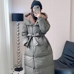 Long Down Jacket for Women, Loose Hooded Coat, Warm Down Jacket Lace-up Waist Design, Fake Two Pieces, Winter Fashion, New, 2024