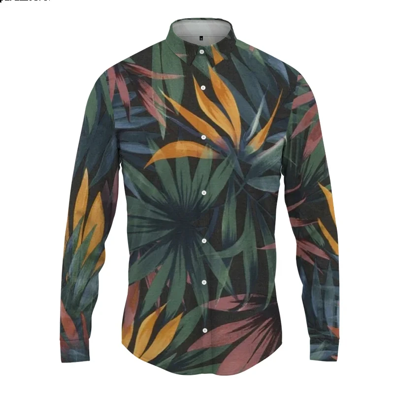 Hawaiian Shirt Man Plant 3D Printing Mens Casual Long Sleeve Top Fashion Button Lapel Spring And Autumn Tops Men's Shirt Clothes