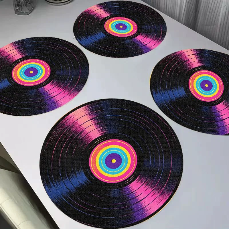 VIKAMA Retro Neon Colorful Black Glue Record Round Linen Placemats, Heat Resistant for Dining Table Home Decor