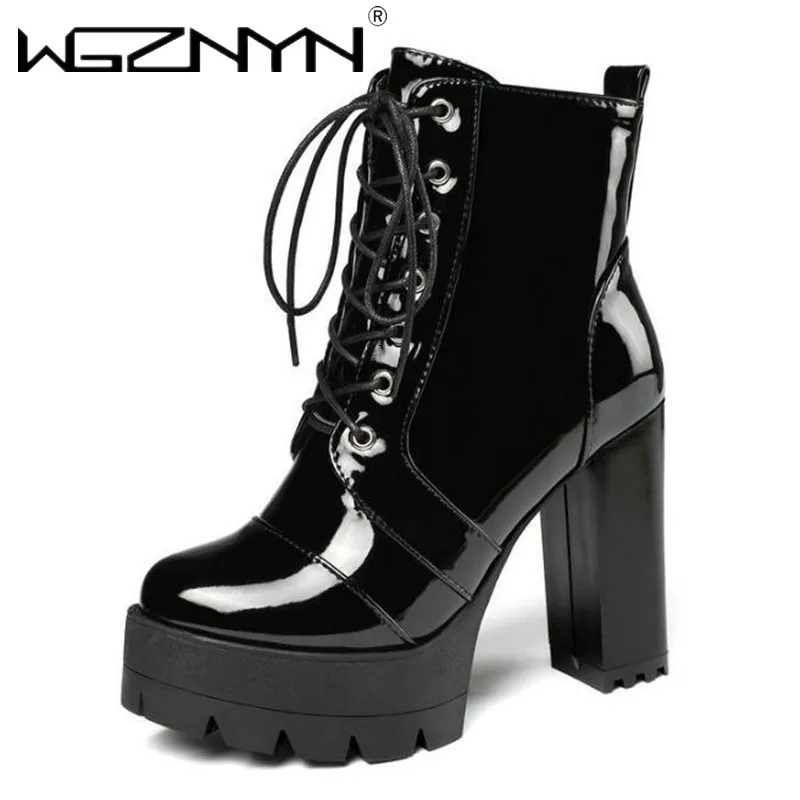 2026 grosso de salto alto feminino botas de tornozelo de couro de patente dedo do pé redondo rendas-up zíper bota curta feminina gótico sapato botas mujer