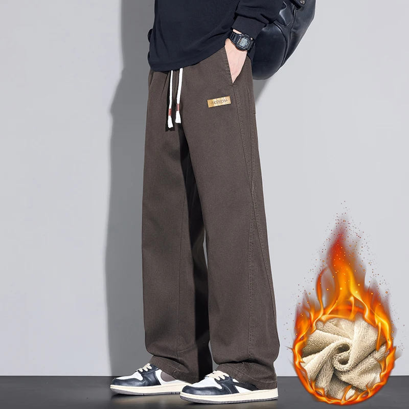 冬の新フリースパンツ男性厚いカジュアルストレートベルベットズボン暖かいファッションワイド快適な韓国男性ズボン M-4XL