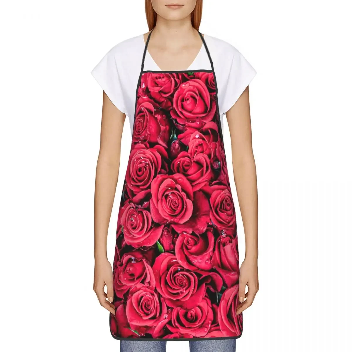 Red Roses Flower Apron Men Women Floral Pattern Adult Unisex Kitchen Chef Bib Tablier Cuisine Cooking Baking Gardening