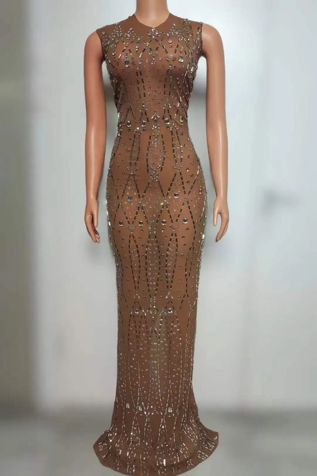 Sparkly Hot Process Rhinestone Stretch Long Dress For Women Pregant Birthday Prom Evening Dressy Performance Stage Wear 2024