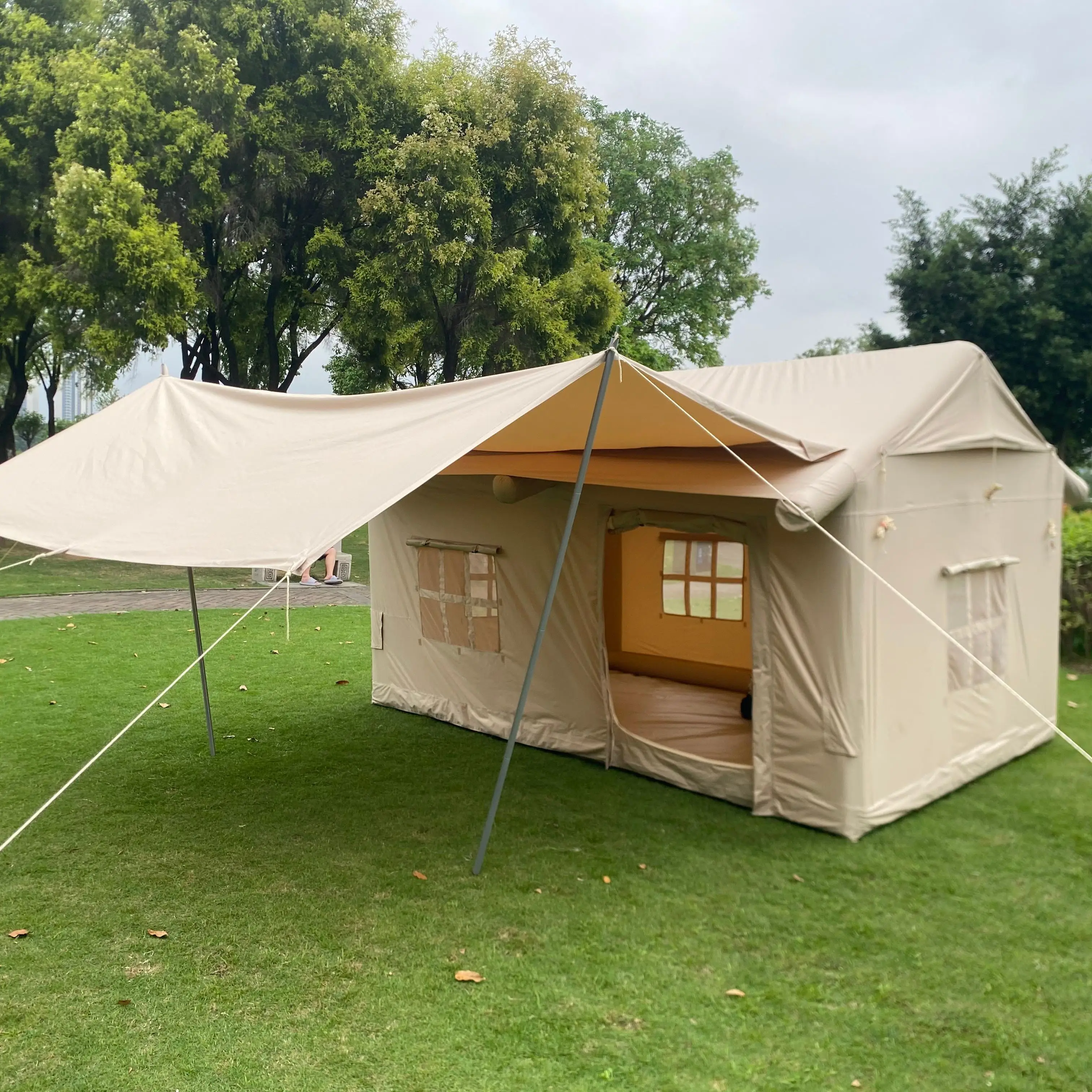 vb-Family Outdoor Glamping Air Inflatable Tent Canvas and Air Column Four Season Camping with Air Pump and One Bedroom Canopy&