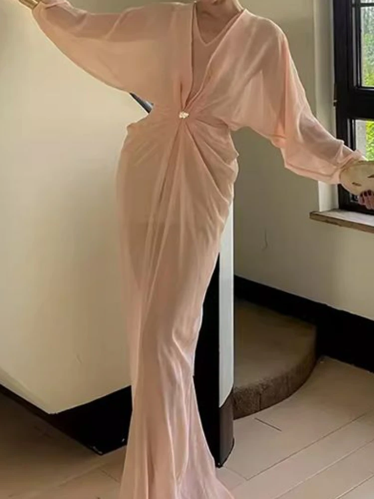 Solid Temperament Batwing Sleeve Dresses Women Bohemian V Neck Robe Femme 2024 Vestidos De Mujer Tunic A-line Pleated Maxi Dress